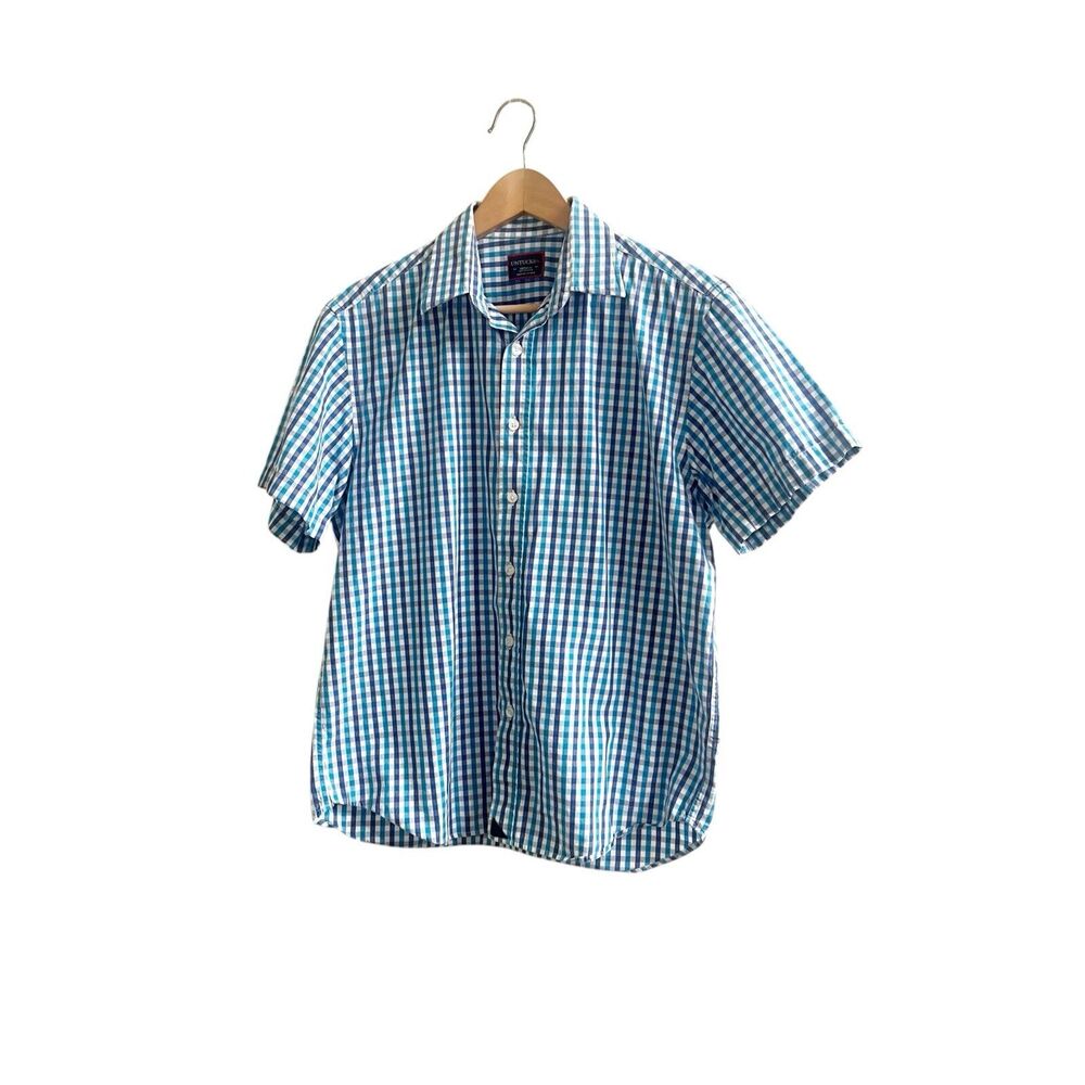 Untukit Men’s Plaid Collared Short Sleeve Shirt Size Medium Blue Preppy Office